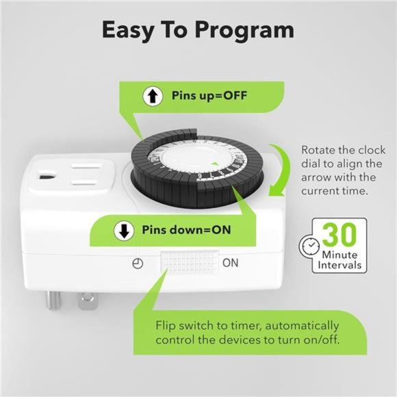 BN-LINK BND-60/U47 Indoor Mini 24-Hour Mechanical Outlet Timer, 3-Prong, 2-Pack - Picture 3 of 6